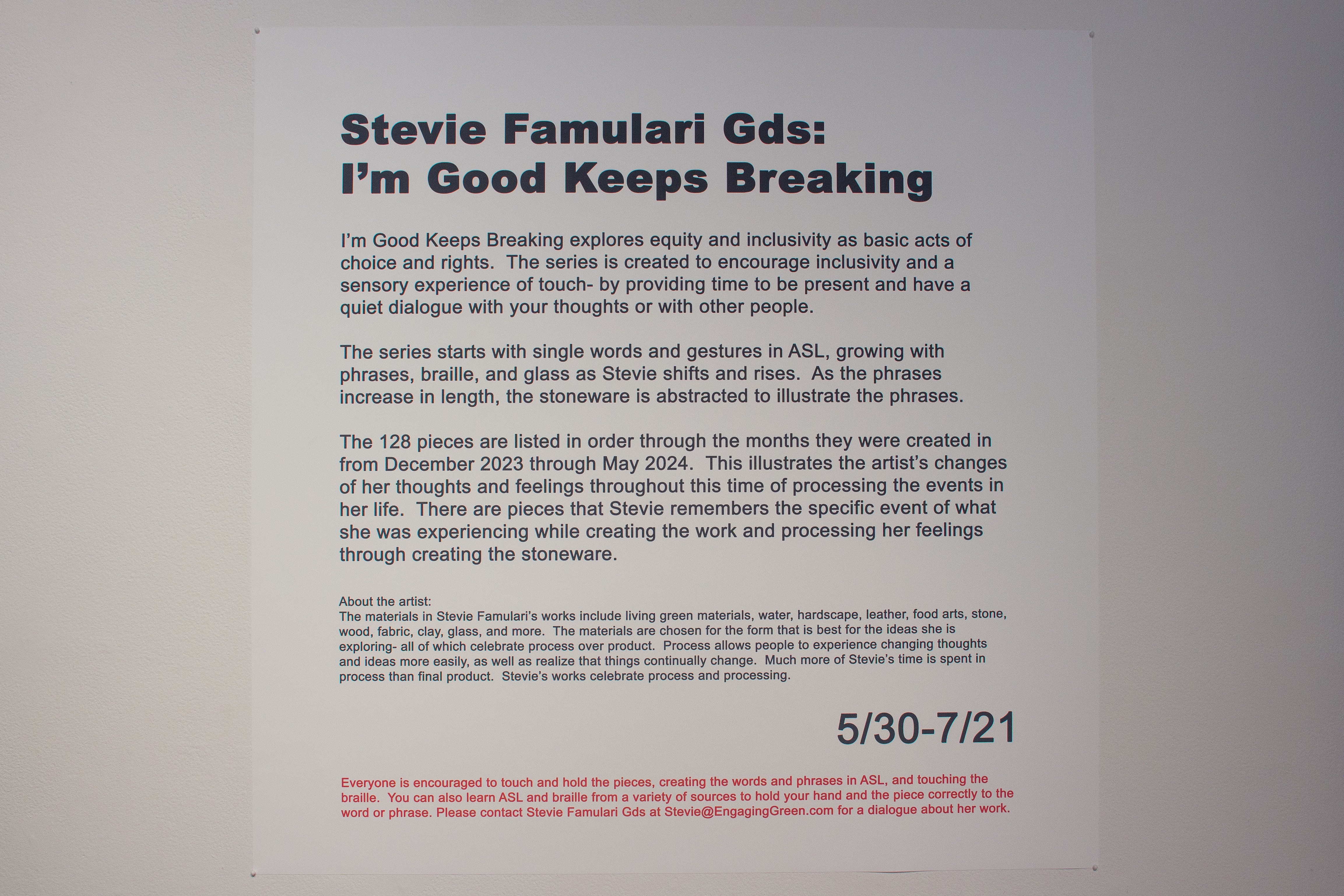 Stevie Famulari Gds: I’m Good Keeps Breaking, Meyers Gallery, DAAP Galleries 