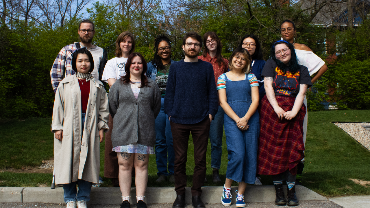 Group photo of MFA Class of 2024 outside of DAAP Annex.