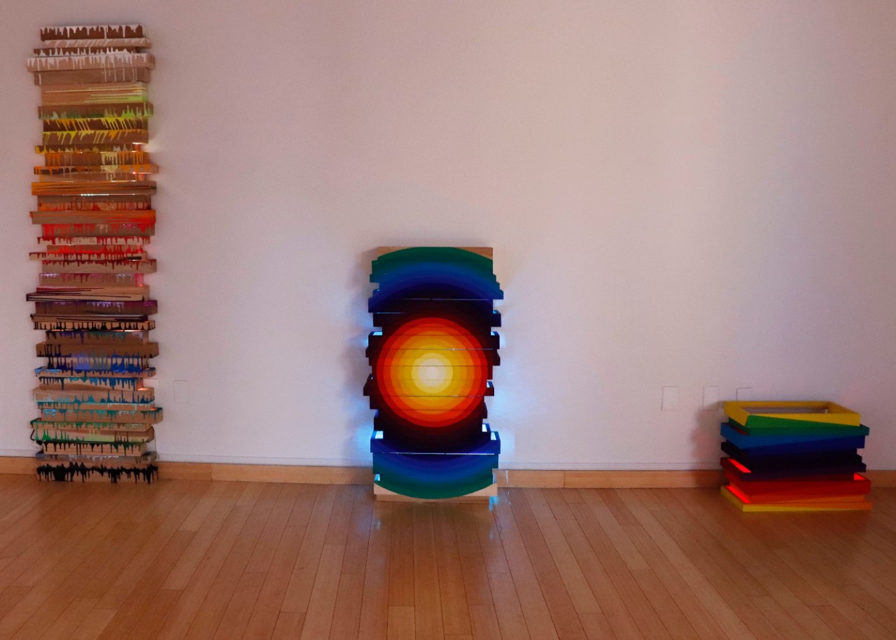 Stacks by Adrienne Dixon, Mixed media on wood structure with LED interior lighting, 2021