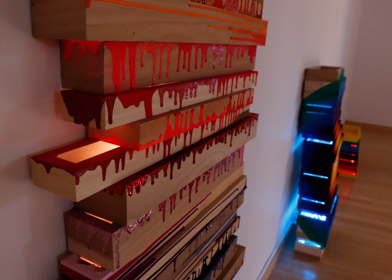 Stacks by Adrienne Dixon, Mixed media on wood structure with LED interior lighting, 2021